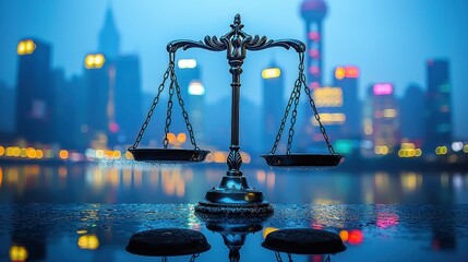 Scales of justice against a blurry city skyline