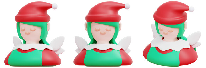 Set of Adorable Christmas Elves with Green Outfits and Santa Hats 3d Render Icon Illustration