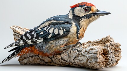 Stunning Close-Up of a White-backed Woodpecker Perched on a Weathered Log Against a Clean White Background