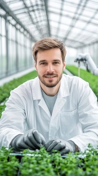 Young Scientist Working in Greenhouse with Healthy Plant Seedlings