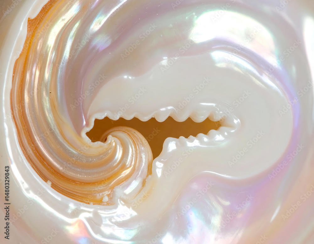 Poster macro shot featuring the iridescent swirling patterns of a seashell, ideal for backgrounds, textures
