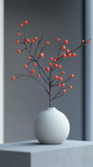 Minimalist vase with branch of bright red berries, creating striking contrast against neutral background