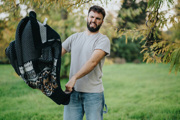 A young man showing frustration while handling a sweater in a lush green park. The image captures emotion and nature, highlighting a relatable moment with a touch of humor.
