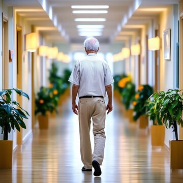 Elderly Man Walking Down a Bright Hallway Surrounded by Plants