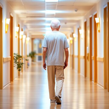 Elderly Man Walking in a Bright Hallway of Senior Care Facility