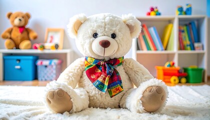 Fluffy teddy bear with a colorful bow tie sits in a bright, playful room. Perfect for themes of childhood, comfort, innocence, and heartwarming moments.