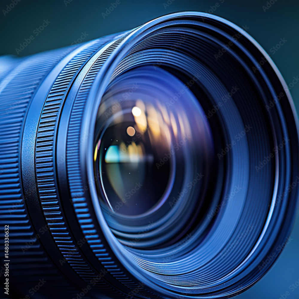 Poster close up view of camera lens showcasing intricate details and reflections, emphasizing its design an