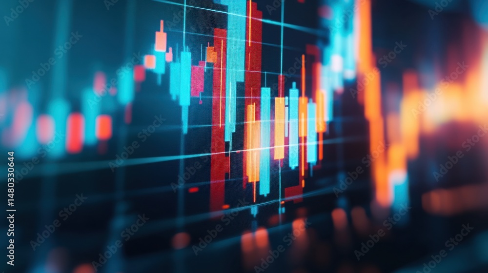 Poster modern financial chart with colorful candlesticks and graph lines