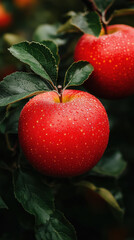 Fresh red apples glistening with water droplets, surrounded by green leaves, create vibrant and inviting scene in orchard