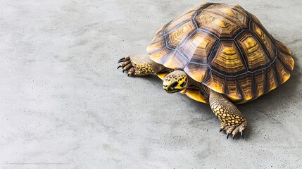 Obraz premium view of Sulcata tortoise walking slowly across polished concrete floor in a stylish modern loft with plenty of copy space sulcata tortoise, reptile movement, polished floor, slow pet, modern 