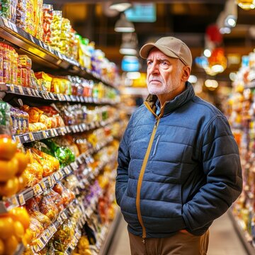 Senior Man Shopping in Grocery Store Aisle with Fresh Produce