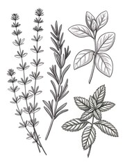 Set of simple black line art herbs like rosemary, thyme, and basil, on white background, minimal hand-drawn botanical style, isolated vector elements, flat design.