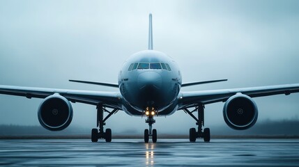 Dramatic front view of a wide-body jet airliner on a rain-slicked runway