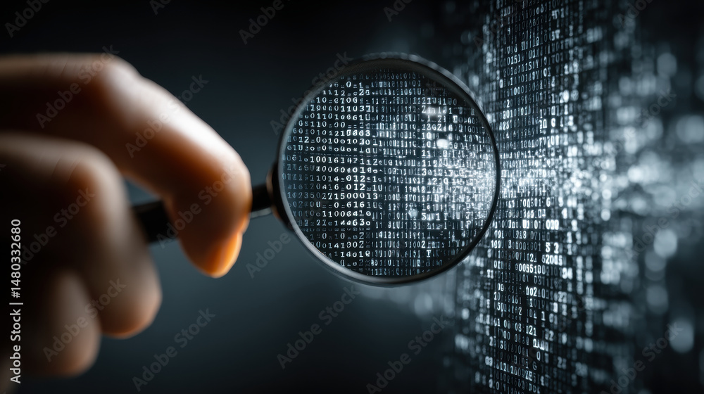 Poster hand holding magnifying glass focuses on binary code, symbolizing data analysis and technology explo