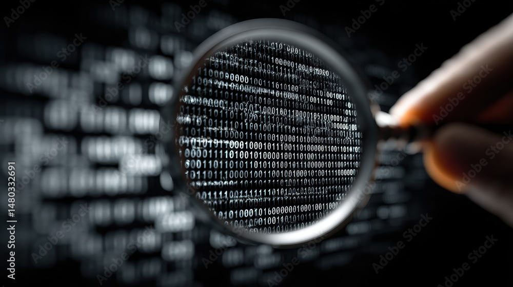 Poster digital magnifying glass focusing on binary code, symbolizing data analysis and technology explorati