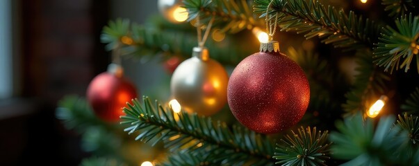 The delicate sparkle of glass balls on a Christmas tree creates a magical ambiance, glass, elegant, tree
