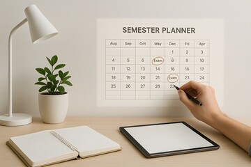 A hand writes on a wall-mounted semester planner above a desk with notepad and tablet. Concept of academic scheduling and organizational preparation.