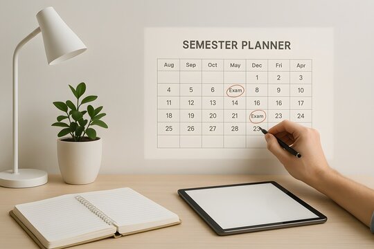 A hand writes on a wall-mounted semester planner above a desk with notepad and tablet. Concept of academic scheduling and organizational preparation.