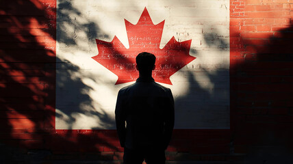 A Man in front of a Canadian flag painted on a concrete wall