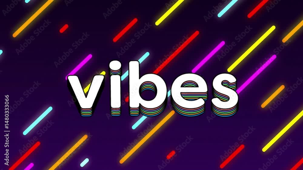 Poster flat design illustration showing vibes typography featuring stacked rainbow shadows with neon bars