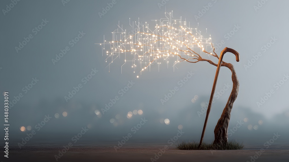 Poster luminescent tech tree rising from circuit board depicting innovation and growth