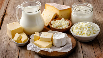 Milk jar, butter and cheese on a wooden table