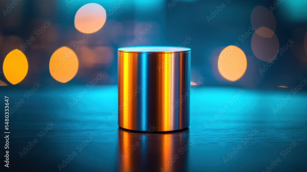 Poster sleek metallic cylinder with reflective surface, illuminated by soft bokeh lights in background, cre