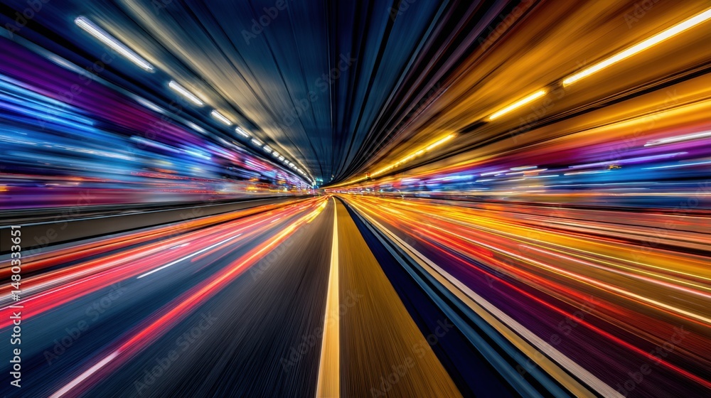 Poster abstract speeding car lights in tunnel perspective view with motion blur and long exposure showing h