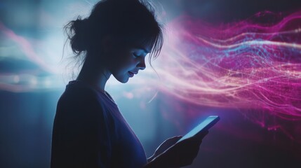 Profile of Young Woman Holding Tablet with Colorful Light Trails