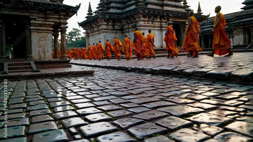 Poster low-angle shot of monks in orange robes walking in line on cobblestone path, creating a serene, cine