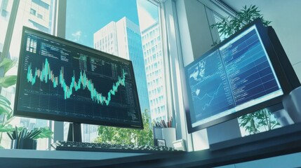 Modern Office Workspace with Dual Monitors Displaying Stock Charts