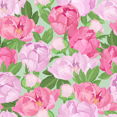 Seamless vector illustration with pink peonies on a green background. For decorating textiles, packaging