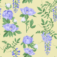 Seamless vector illustration with wisteria and peonies. For decorating textiles, packaging