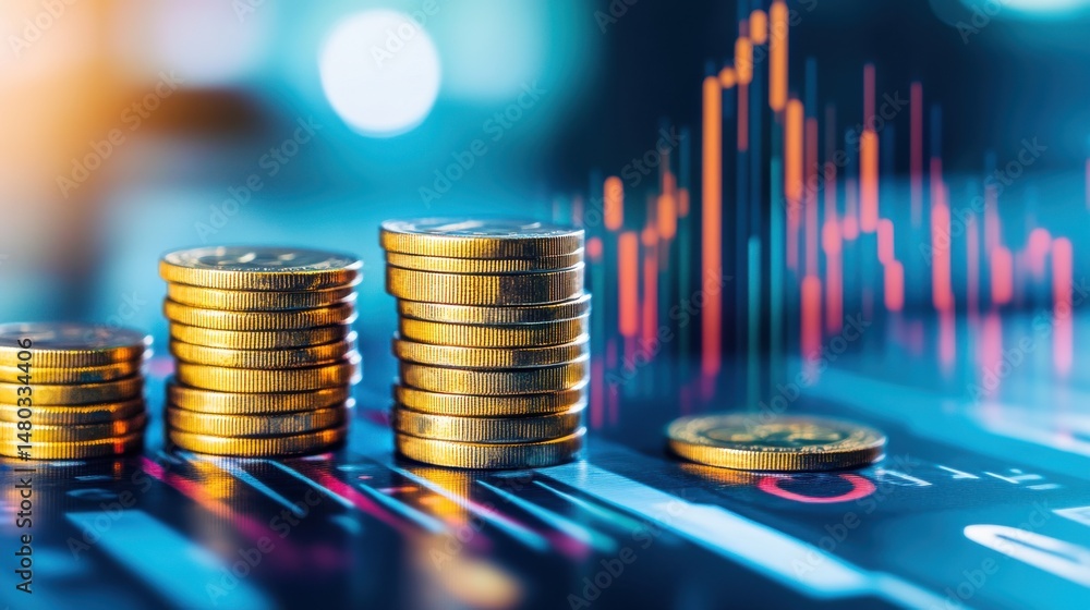 Aufkleber stacked coins with financial graph and colorful background display