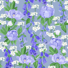Seamless vector illustration with digitalis and peonies on a blue background. For decorating textiles, packaging © Nadezhda