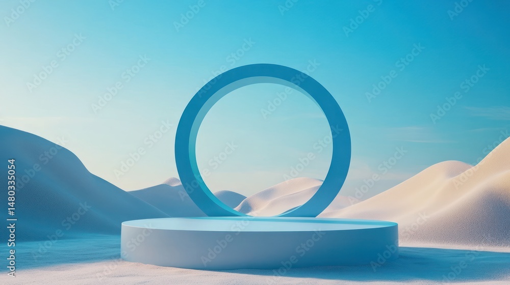 Poster minimalistic presentation stage featuring a blue circular element and soft dunes