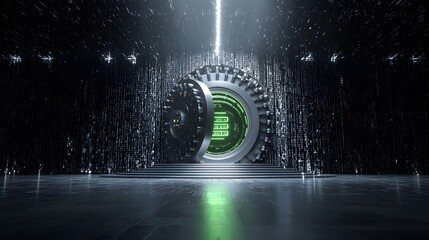 Digital Vault Door of Binary Code Representing Cybersecurity and Data Safeguarding
