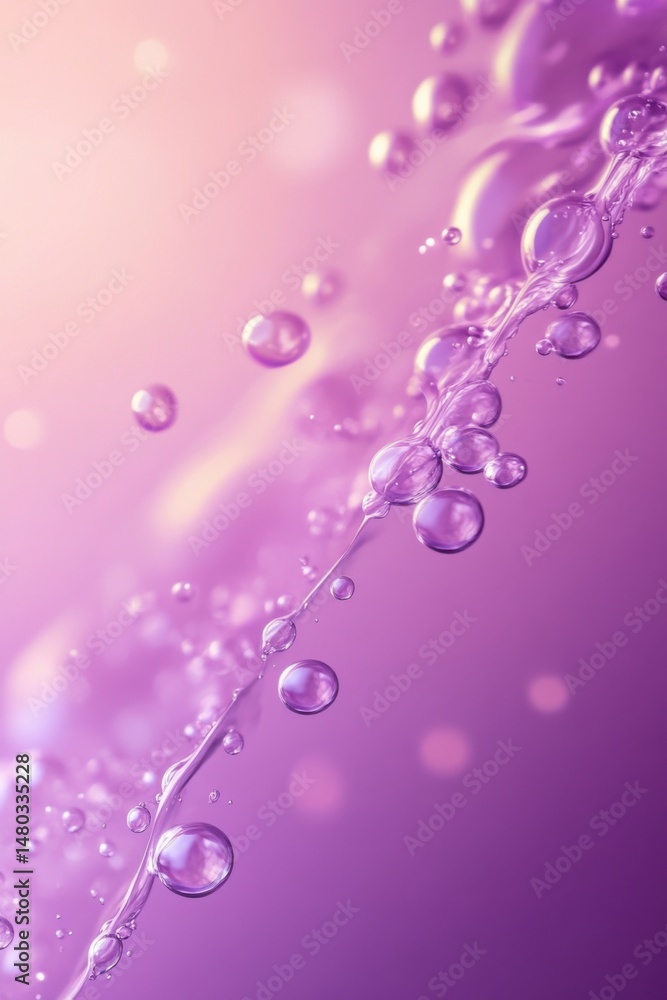 Poster abstract close-up of water bubbles flowing diagonally on a purple gradient background with soft ligh