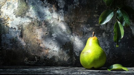 A ripe green pear with a natural glow on a dark rustic background