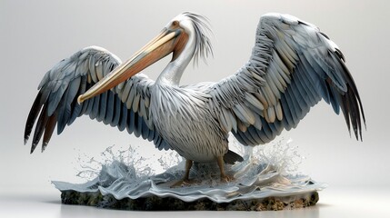 Majestic Pelican in Water Splash: A 3D Render of a Great White Pelican