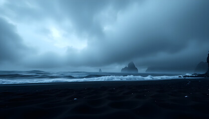 Naklejka premium Stormy waves crash on black sand beach iceland seascape dramatic coastal view