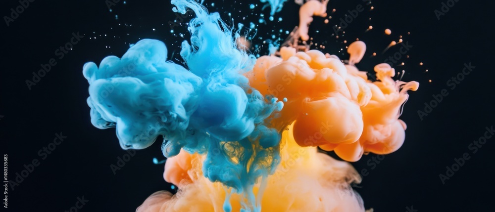 Aufkleber abstract ink cloud explosion on dark background studio shot of blue and orange paint dissolving in w