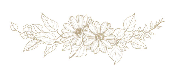 Hand drawn floral frame in line art style. Elegant composition of flowers, stems and leaves. Trendy botanical elements. Vector illustration 