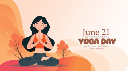 illustration of a woman meditating peacefully outdoors, celebrating International Yoga Day on June 21.