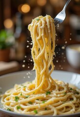 Homemade fettuccine alfredo with creamy sauce, parmesan shavings, and fresh parsley. Fork twirling pasta, bokeh background - cozy Italian kitchen lighting