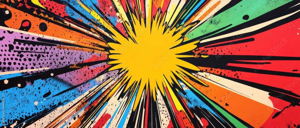 Poster abstract bursting star design with vibrant colors and dynamic splatter effect artistic explosion of 