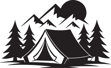 Mountain Camping Scene Tent under Moonlight Vector Silhouette