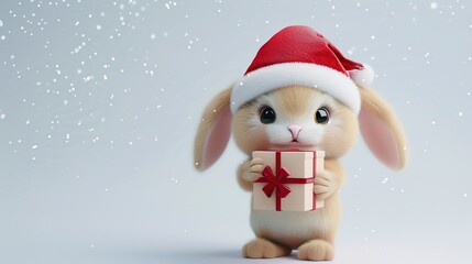 A cute rabbit wearing a Santa hat holds a wrapped Christmas gift box in its hands. It stands against a simple background with snowflakes gently falling.