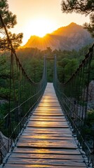 Obraz premium Wooden suspension bridge at sunrise