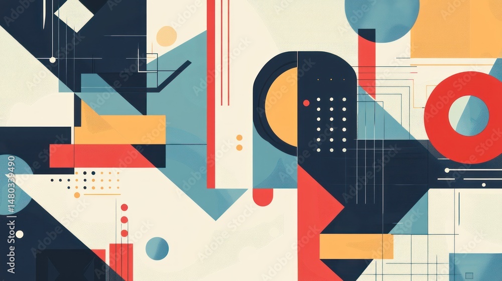 Poster geometric composition with bold shapes, lines and retro color palette in abstract design